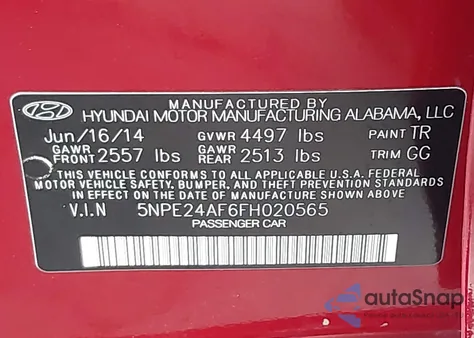 2015 Hyundai Sonata Se from USA, damaged, VIN 5NPE24AF6FH020565
